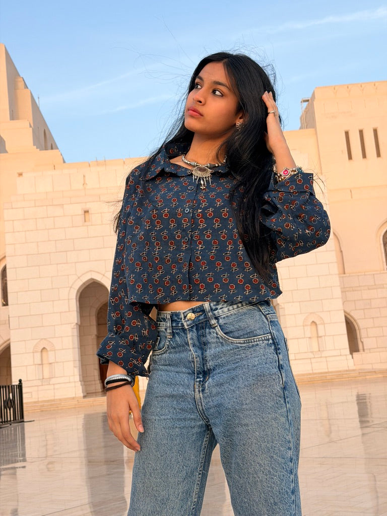 Cobalt Ajrakh Crop Shirt