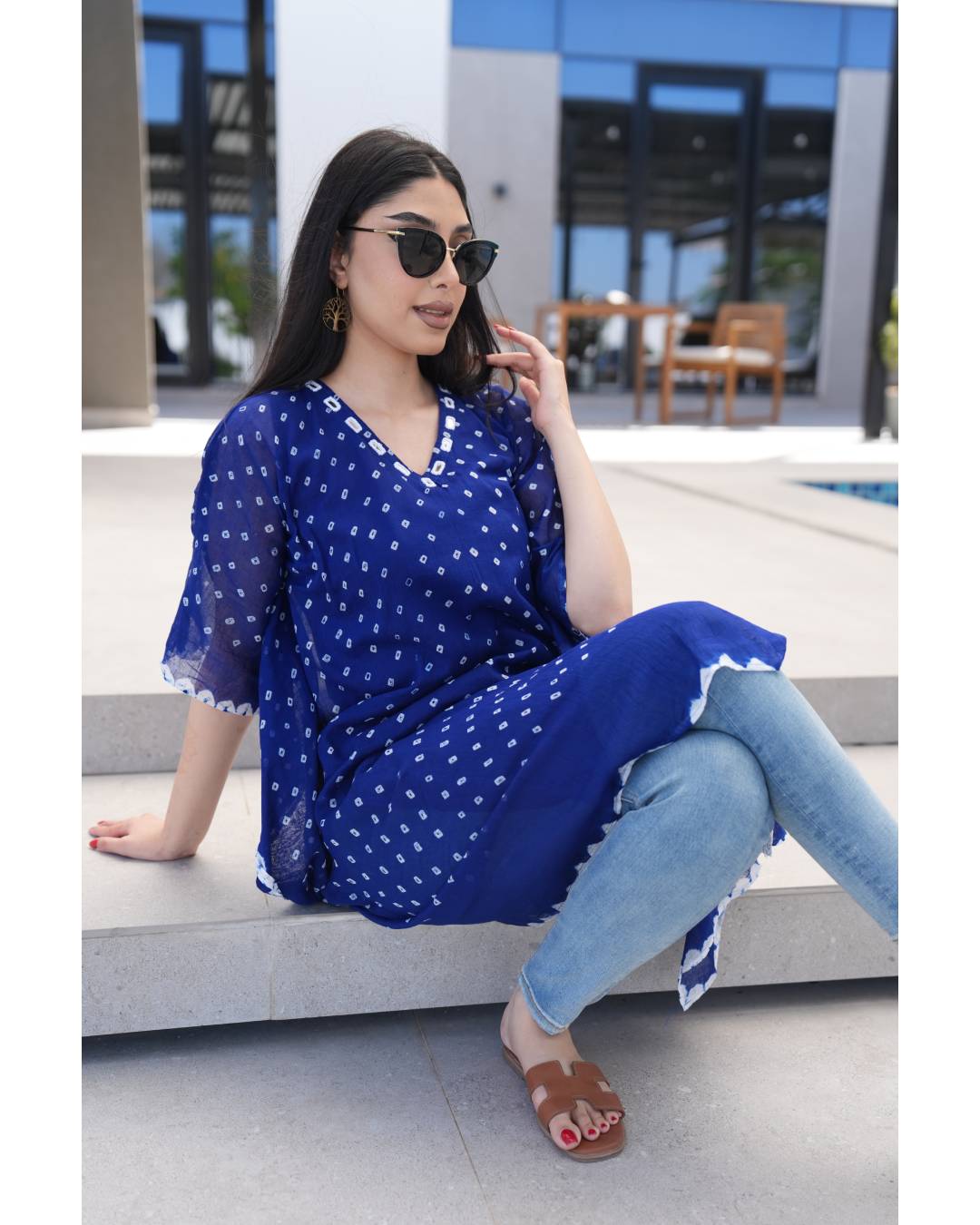 Bandhani Cotton Kaftan — Bright Blue