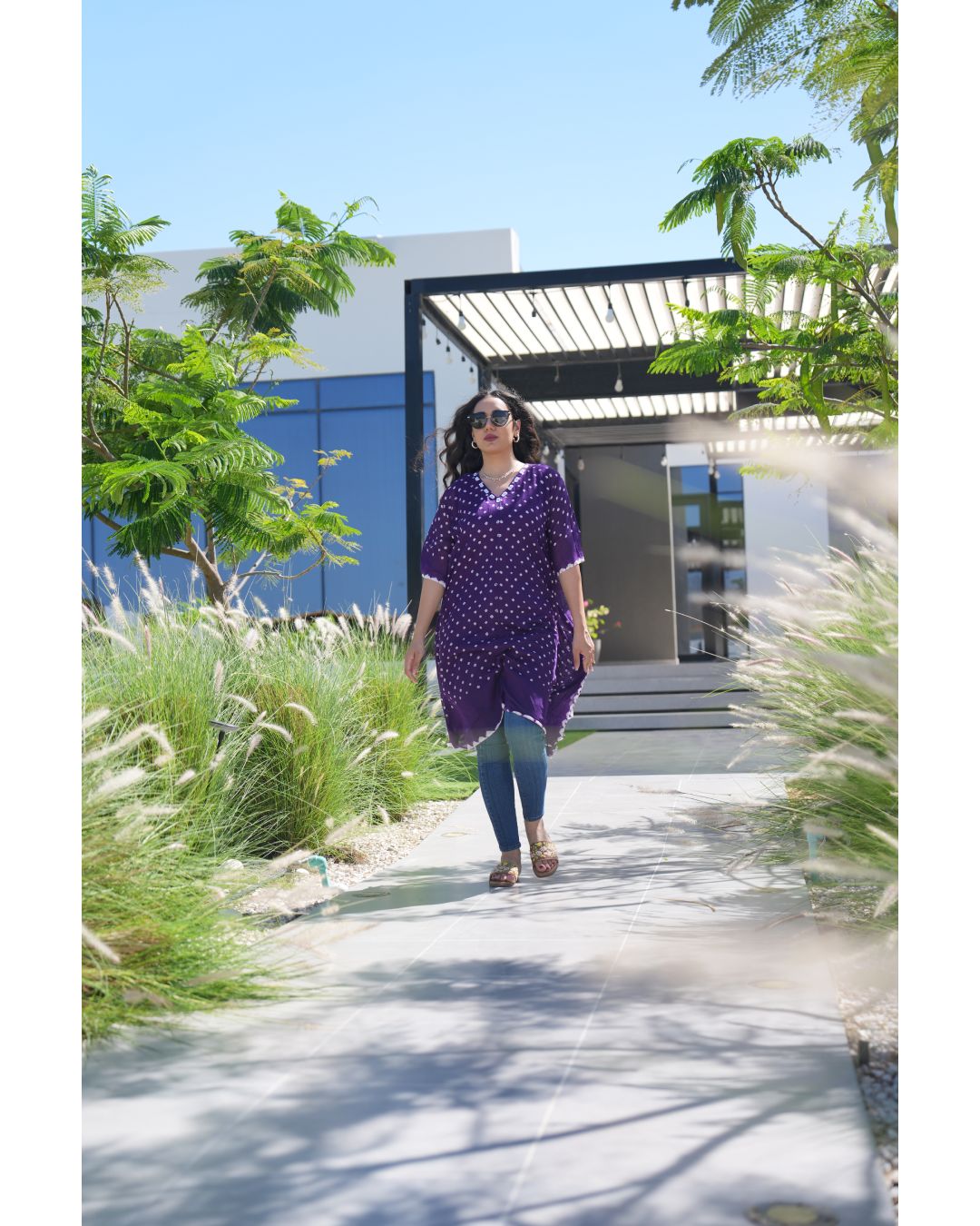 Bandhani Cotton Kaftan — Bright Purple