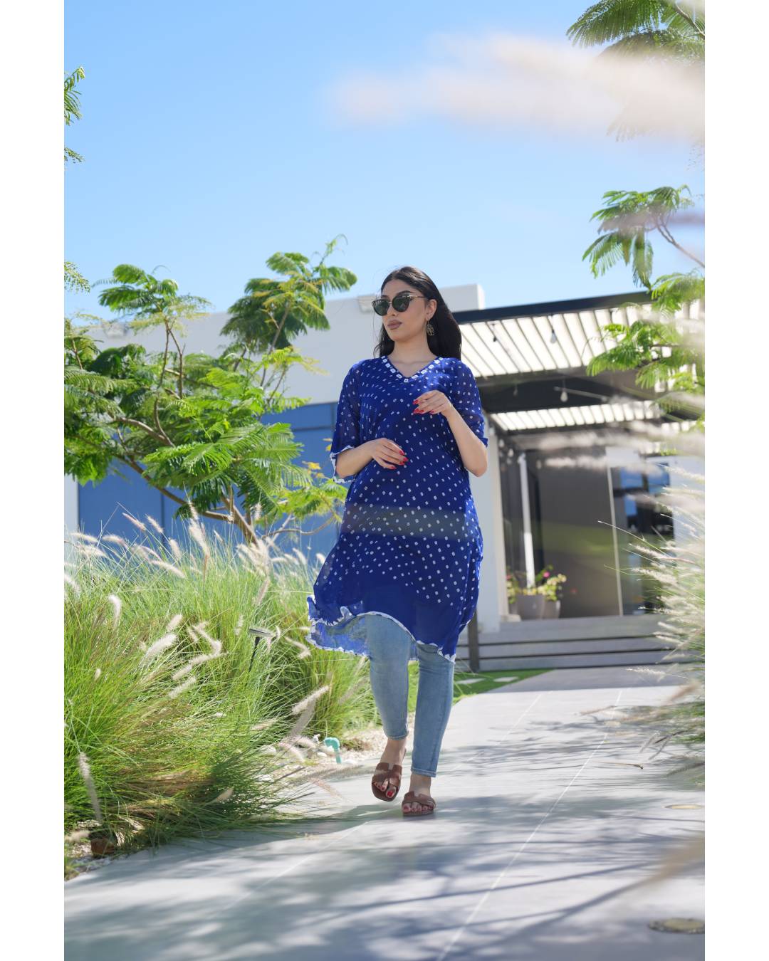 Bandhani Cotton Kaftan — Bright Blue
