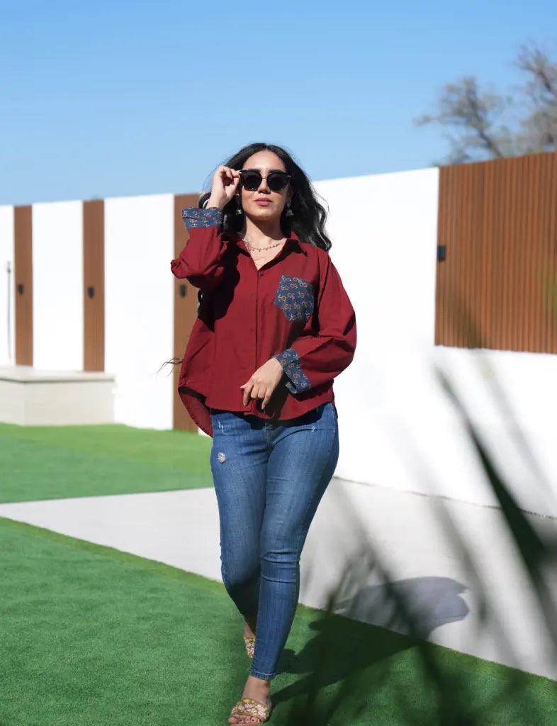 Merlot Motif Ajrakh Relaxed Shirt