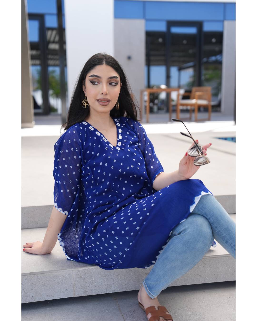 Bandhani Cotton Kaftan — Bright Blue